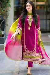 Omal Lawn Embroidered 3PC with Pure Bamber Tie & Dye Dupatta with Lace