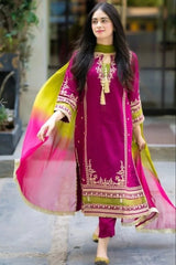 Omal Lawn Embroidered 3PC with Pure Bamber Tie & Dye Dupatta with Lace